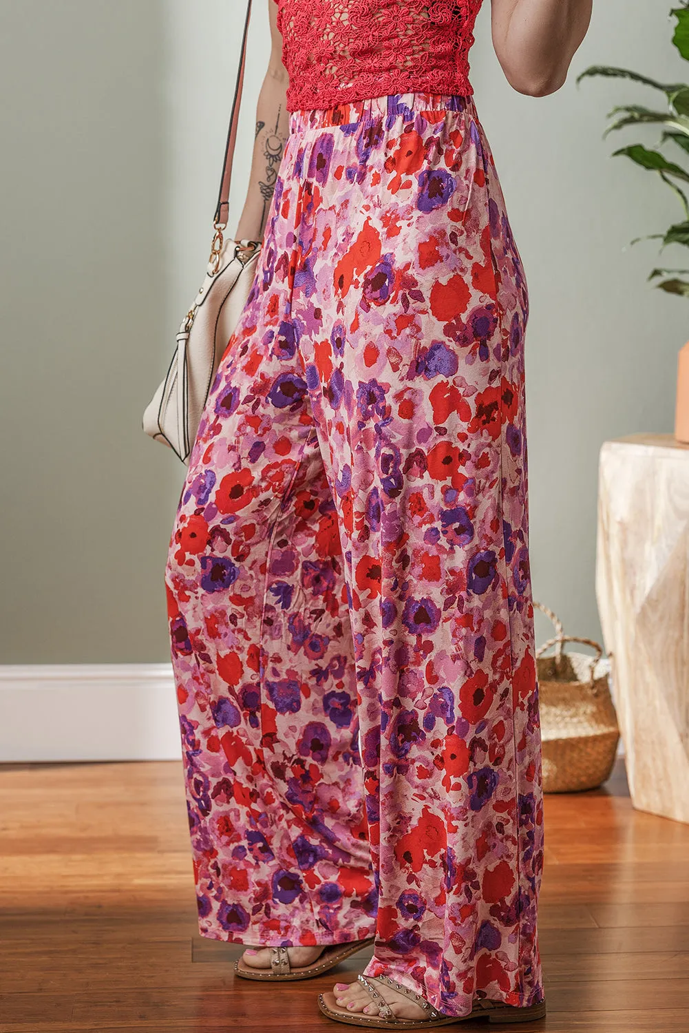 Purple Floral Wide Leg Elastic High Waist Trousers sold by Beagle Boutique product image thumbnail 3