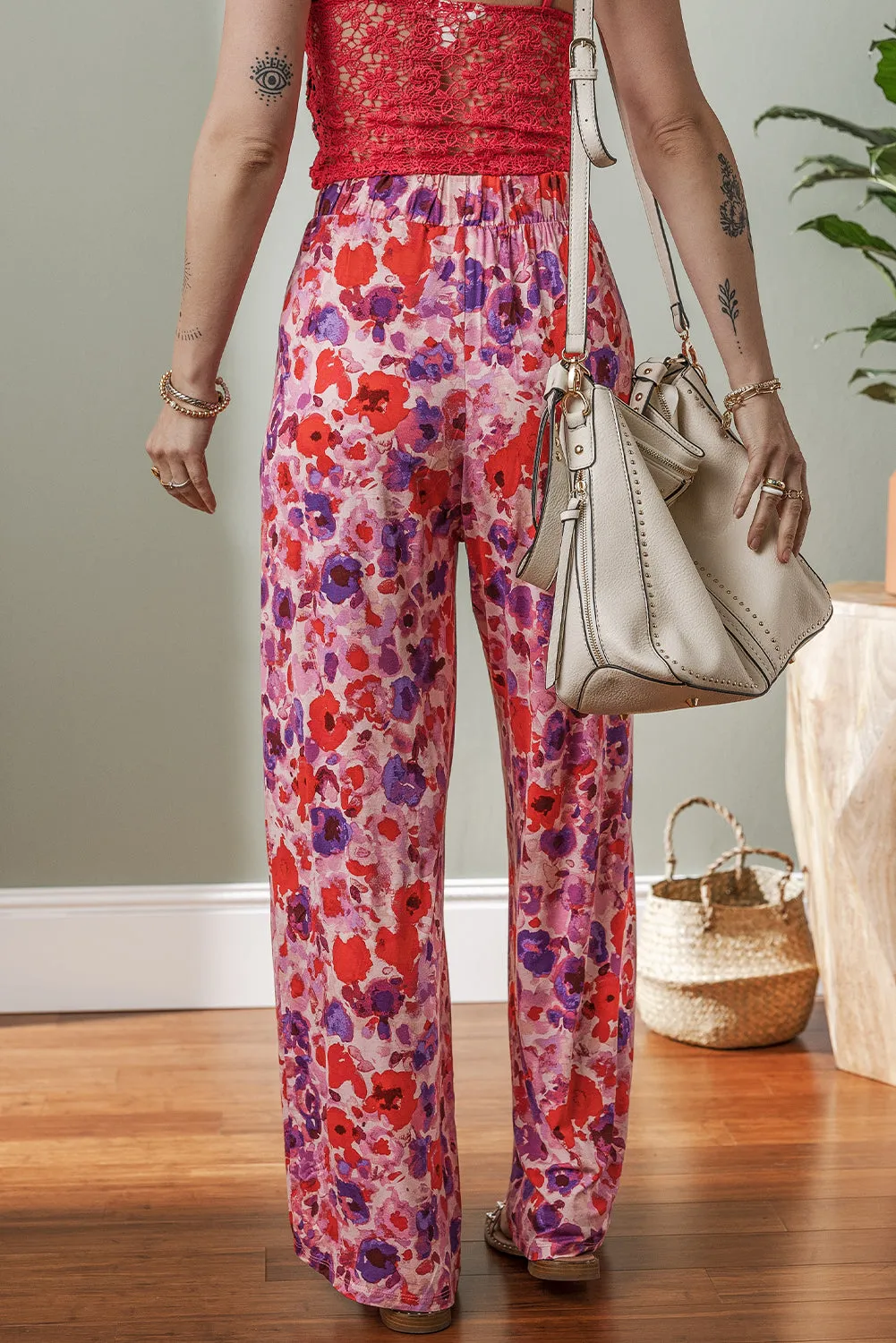 Purple Floral Wide Leg Elastic High Waist Trousers sold by Beagle Boutique product image thumbnail 2