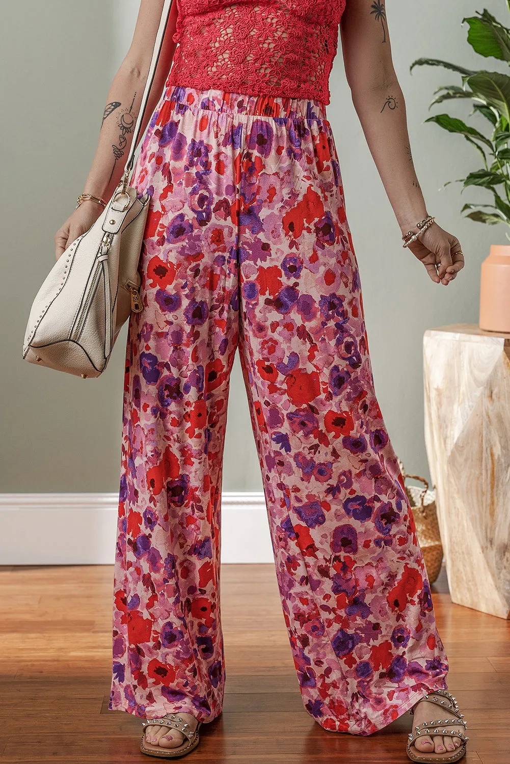 Purple Floral Wide Leg Elastic High Waist Trousers sold by Beagle Boutique product image thumbnail 4
