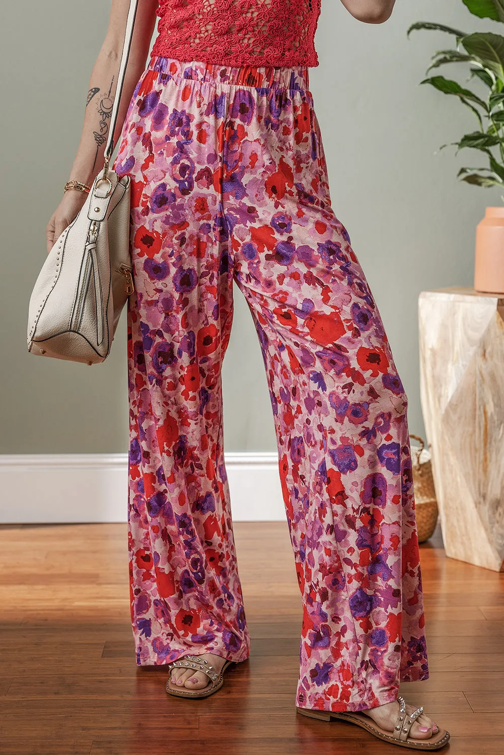 Purple Floral Wide Leg Elastic High Waist Trousers sold by Beagle Boutique