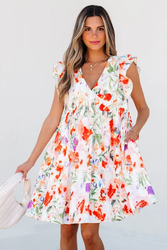 Pink Floral Double Ruffle Sleeve V Neck High Waist Mini Dress sold by Beagle Boutique