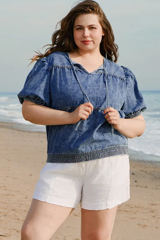 Sail Blue Plus Drawstring V Neck Puff Sleeve Denim Blouse sold by Beagle Boutique