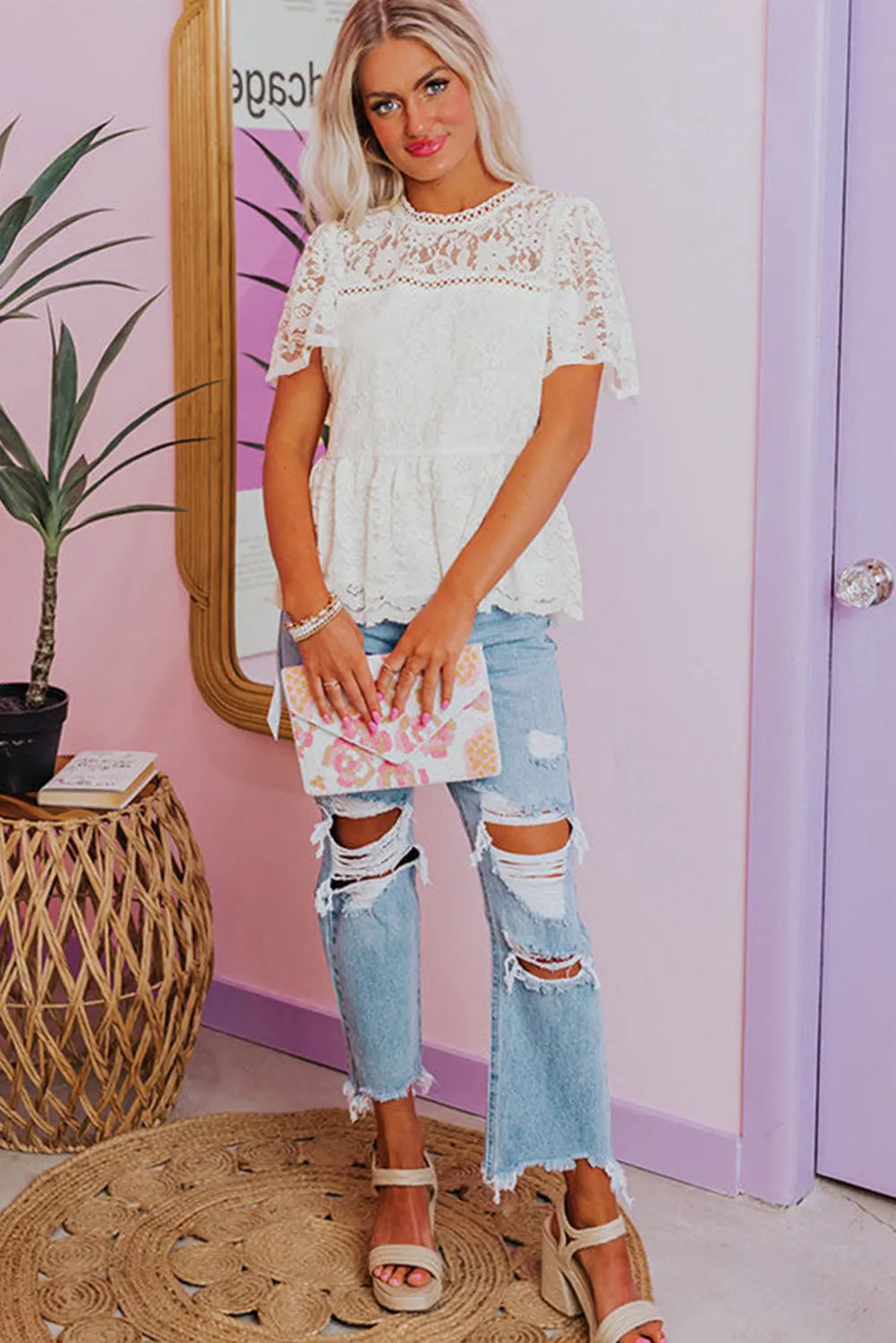 White Short Sleeve Scalloped Floral Lace Peplum Blouse sold by Beagle Boutique product image thumbnail 5