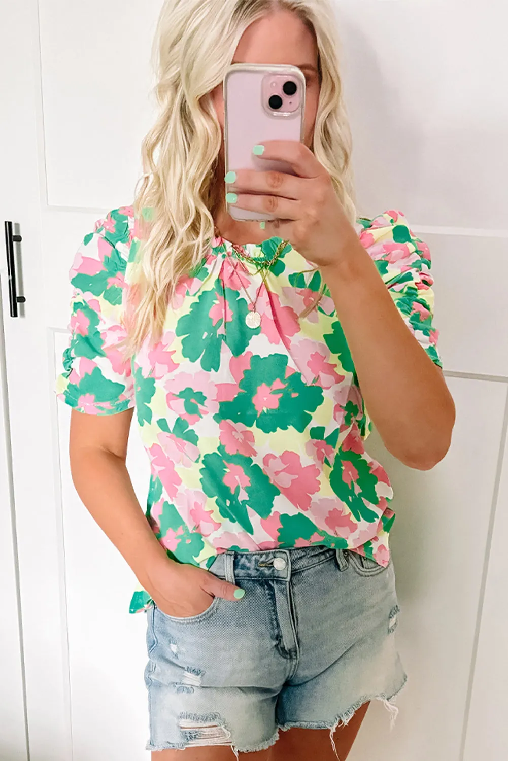 Green Abstract Print Frilly Neck Ruched Short Sleeve Blouse sold by Beagle Boutique product image thumbnail 2