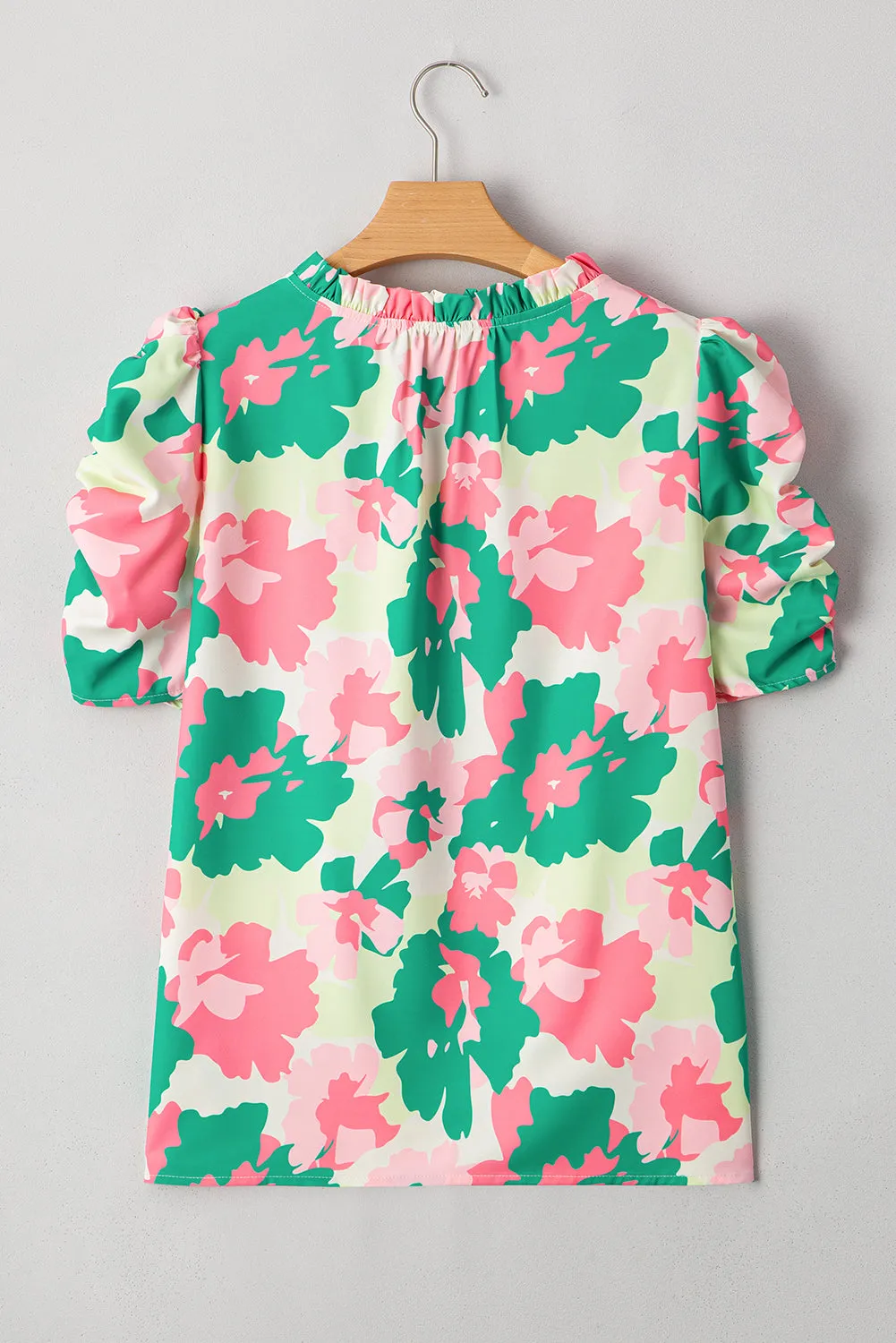 Green Abstract Print Frilly Neck Ruched Short Sleeve Blouse sold by Beagle Boutique product image thumbnail 5