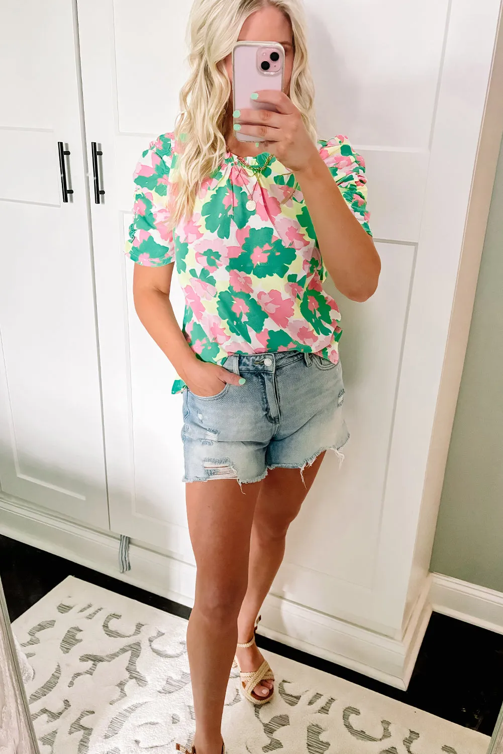 Green Abstract Print Frilly Neck Ruched Short Sleeve Blouse sold by Beagle Boutique product image thumbnail 3