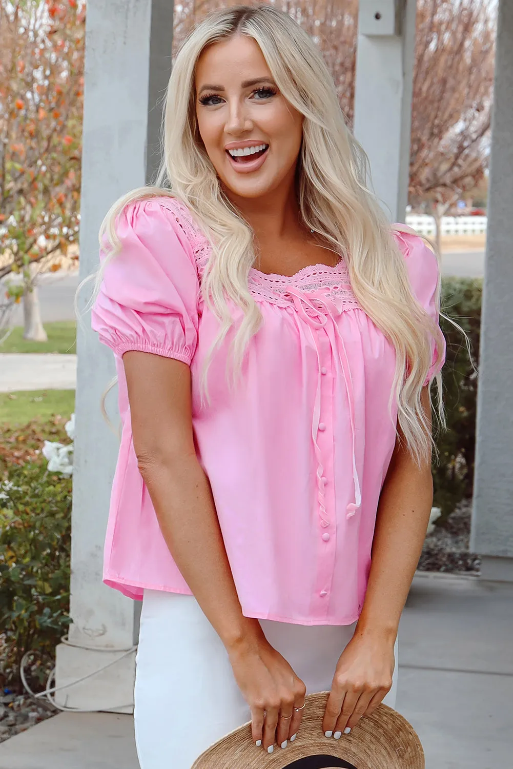 Light Pink Lace Square Neck Patchwork Puff Sleeve Blouse sold by Beagle Boutique product image thumbnail 4