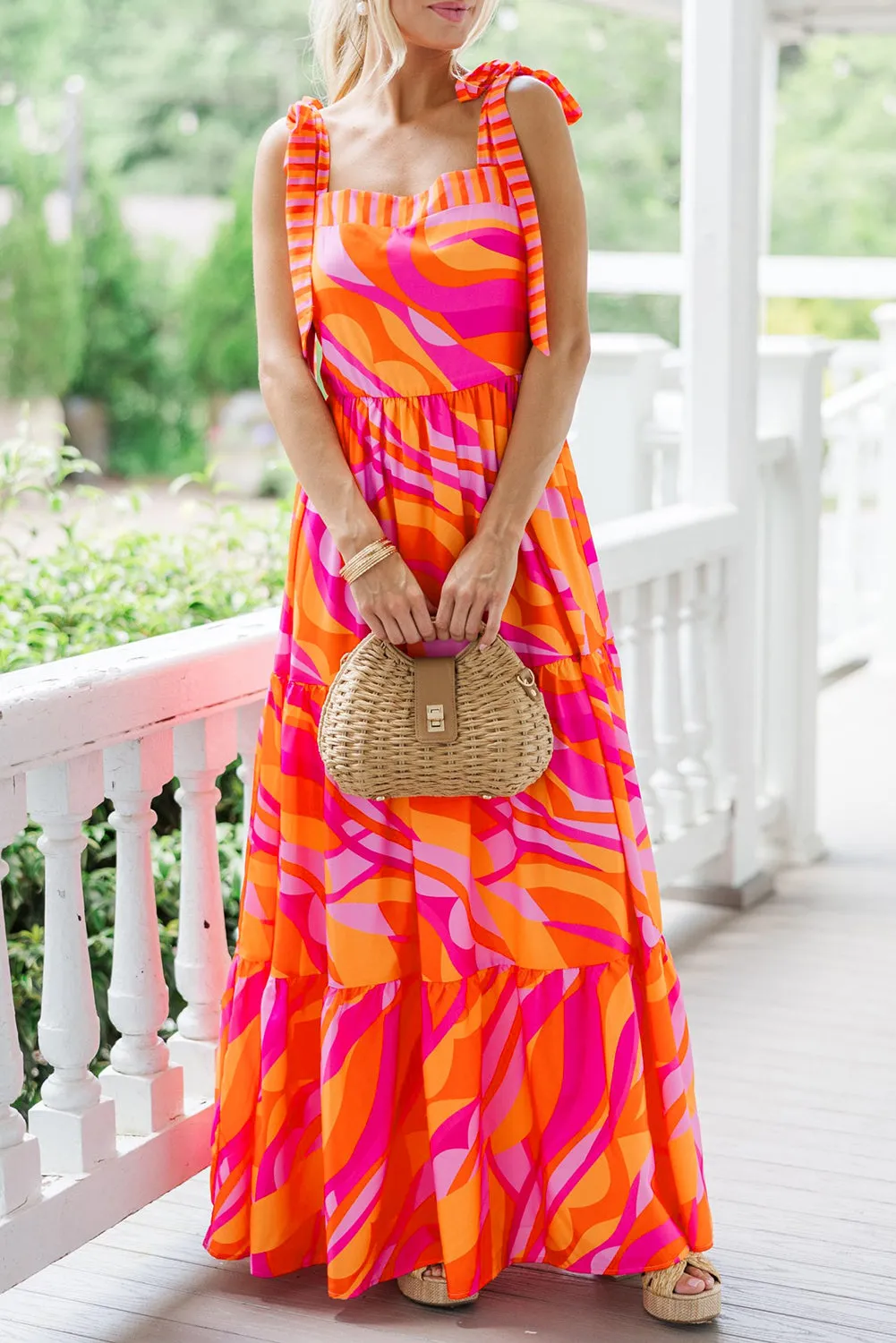 Red Abstract Print Knotted Shoulder High Waist Maxi Dress sold by Beagle Boutique product image thumbnail 4
