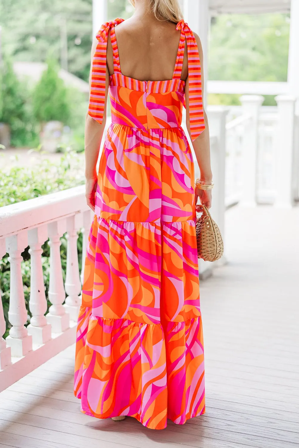 Red Abstract Print Knotted Shoulder High Waist Maxi Dress sold by Beagle Boutique product image thumbnail 2
