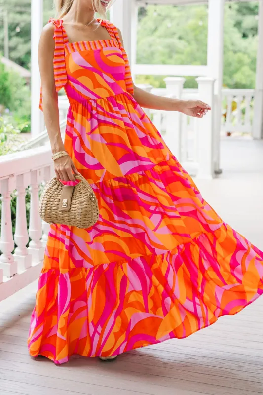Red Abstract Print Knotted Shoulder High Waist Maxi Dress sold by Beagle Boutique
