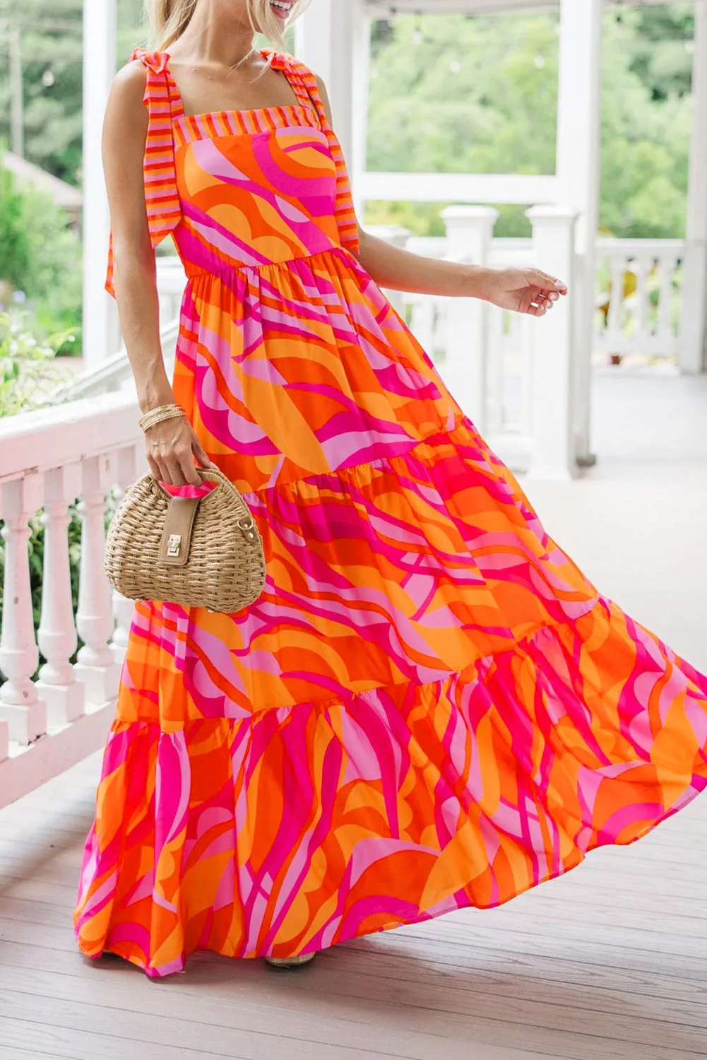 Red Abstract Print Knotted Shoulder High Waist Maxi Dress sold by Beagle Boutique