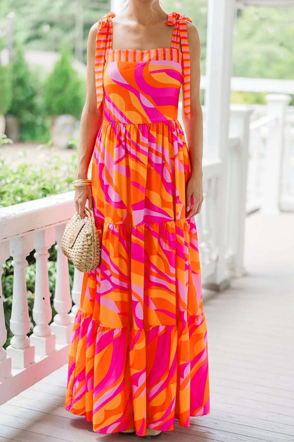 Red Abstract Print Knotted Shoulder High Waist Maxi Dress sold by Beagle Boutique product image thumbnail 5