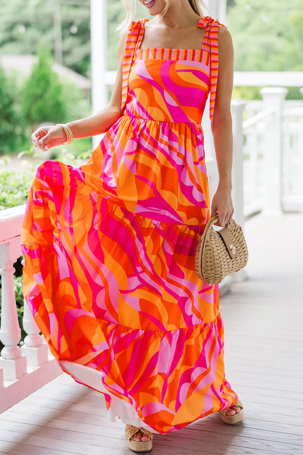 Red Abstract Print Knotted Shoulder High Waist Maxi Dress sold by Beagle Boutique product image thumbnail 3