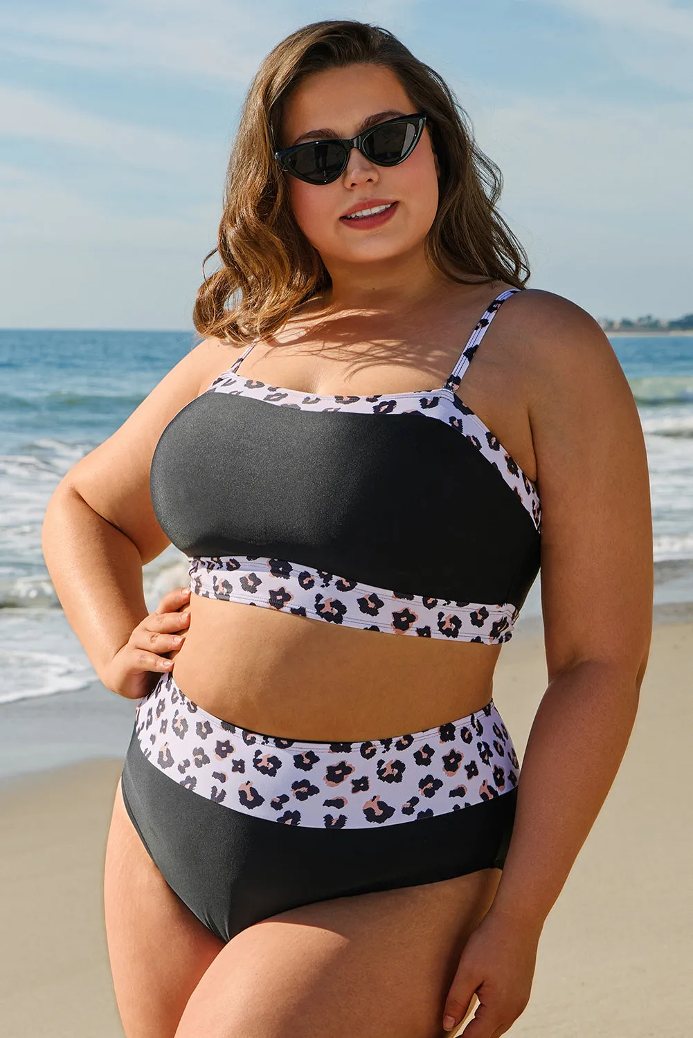 Black 2pcs Leopard Patchwork Plus Size High Waisted Swimsuit sold by Beagle Boutique product image thumbnail 5