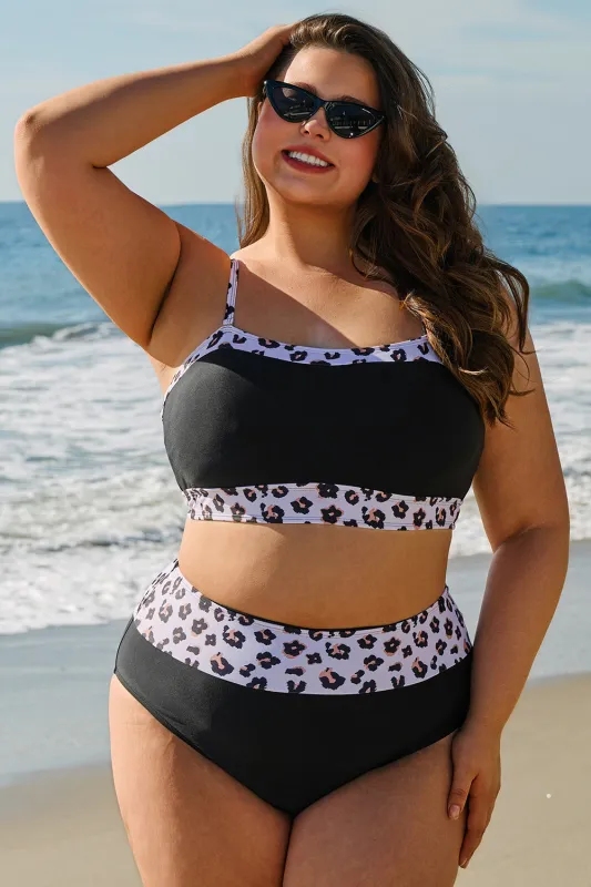 Black 2pcs Leopard Patchwork Plus Size High Waisted Swimsuit sold by Beagle Boutique