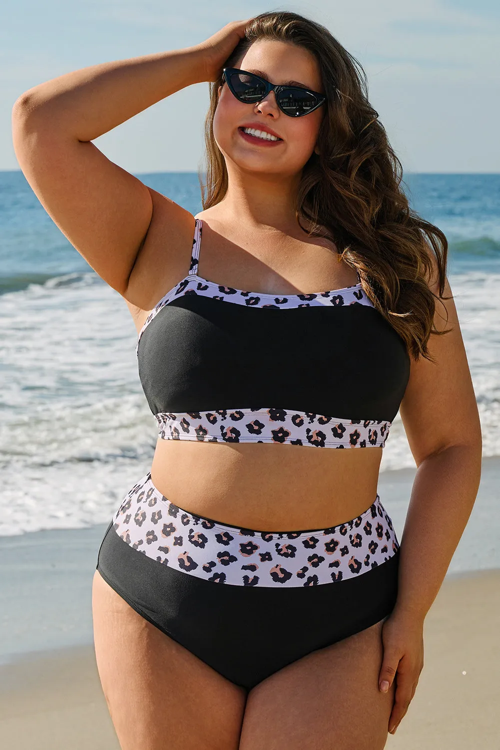 Black 2pcs Leopard Patchwork Plus Size High Waisted Swimsuit sold by Beagle Boutique
