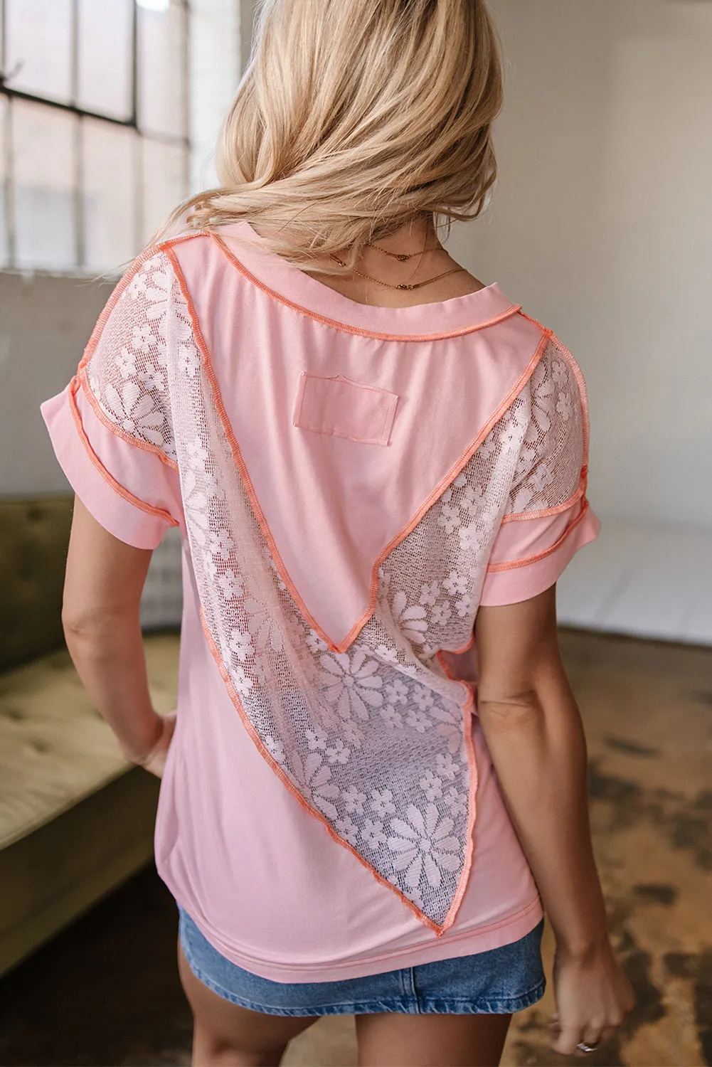 Light Pink Lace Patchwork Exposed Seam V Neck T Shirt sold by Beagle Boutique product image thumbnail 2
