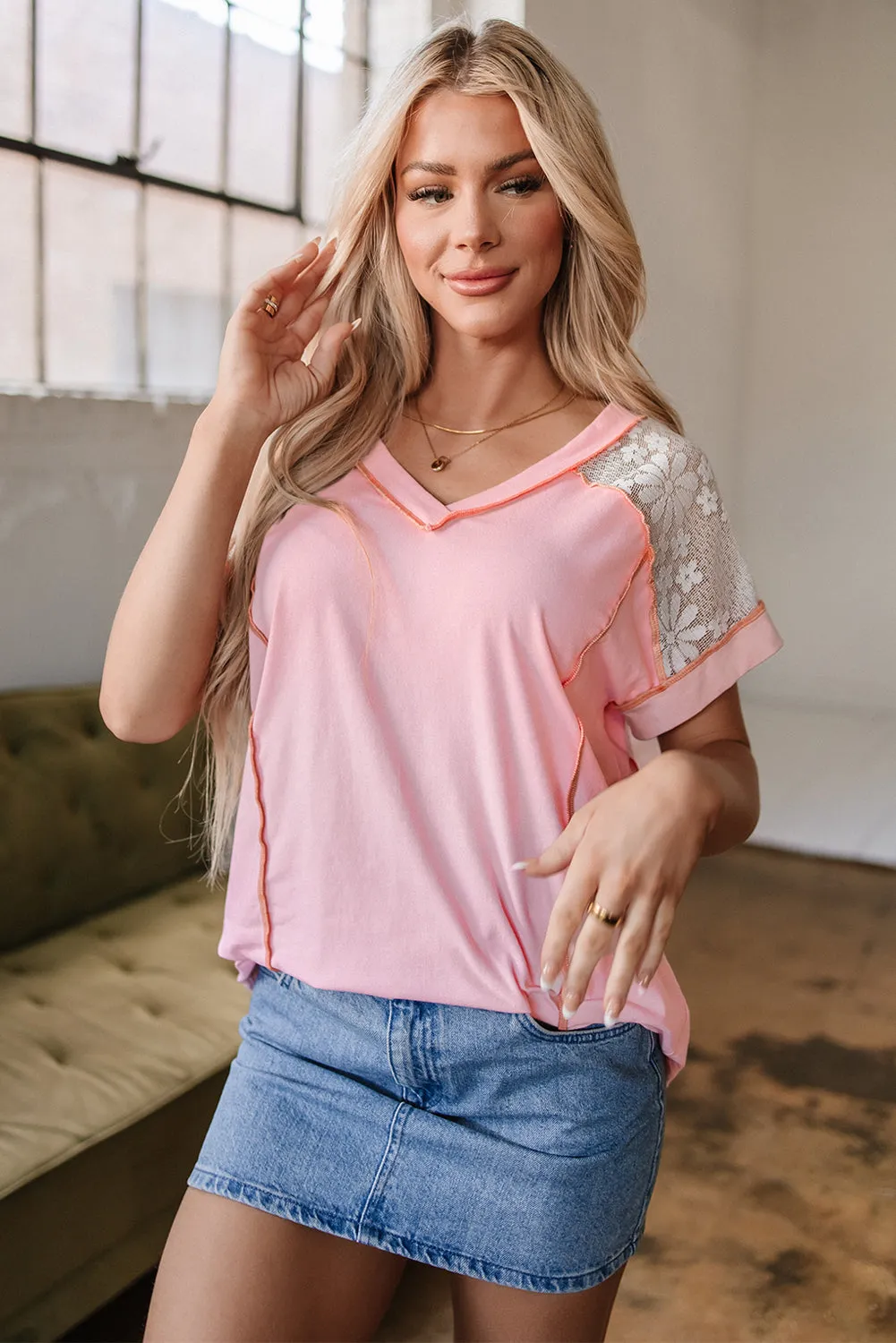 Light Pink Lace Patchwork Exposed Seam V Neck T Shirt sold by Beagle Boutique
