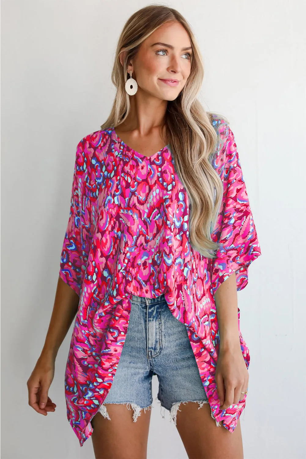 Pink Abstract Print V Neck Half Sleeve Loose Fit Tunic Blouse sold by Beagle Boutique product image thumbnail 2