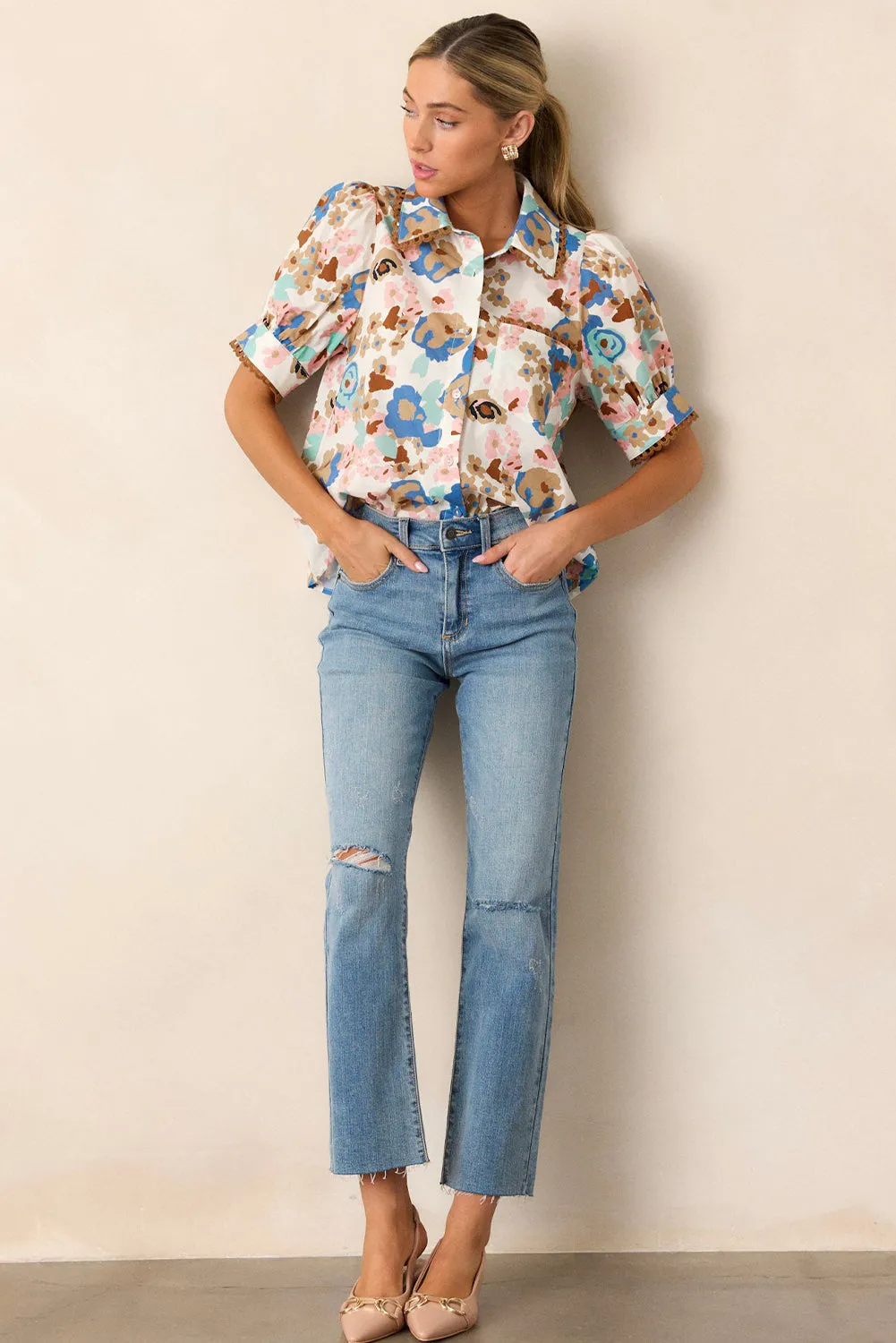 Multicolour Floral Print Ricrac Trim Collared Puff Short Sleeve Shirt sold by Beagle Boutique product image thumbnail 5