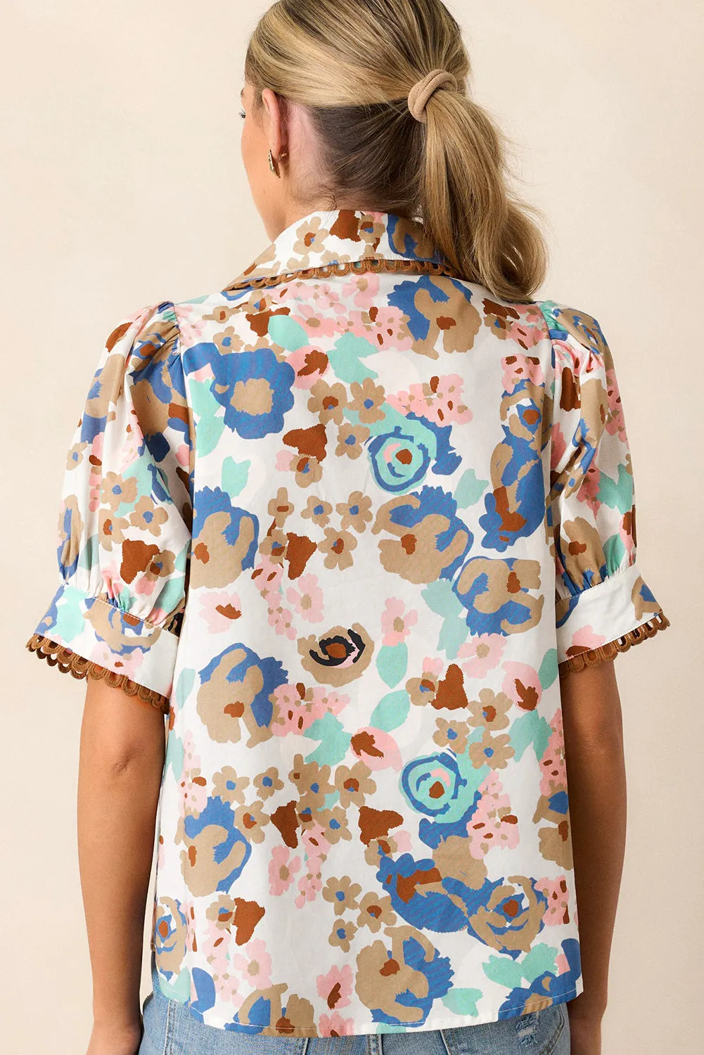 Multicolour Floral Print Ricrac Trim Collared Puff Short Sleeve Shirt sold by Beagle Boutique product image thumbnail 2