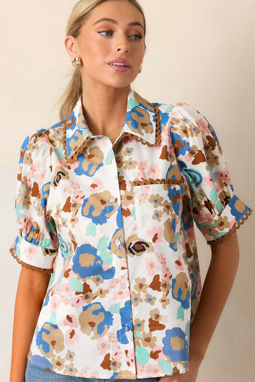 Multicolour Floral Print Ricrac Trim Collared Puff Short Sleeve Shirt sold by Beagle Boutique product image thumbnail 3
