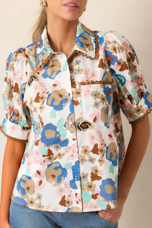 Multicolour Floral Print Ricrac Trim Collared Puff Short Sleeve Shirt sold by Beagle Boutique