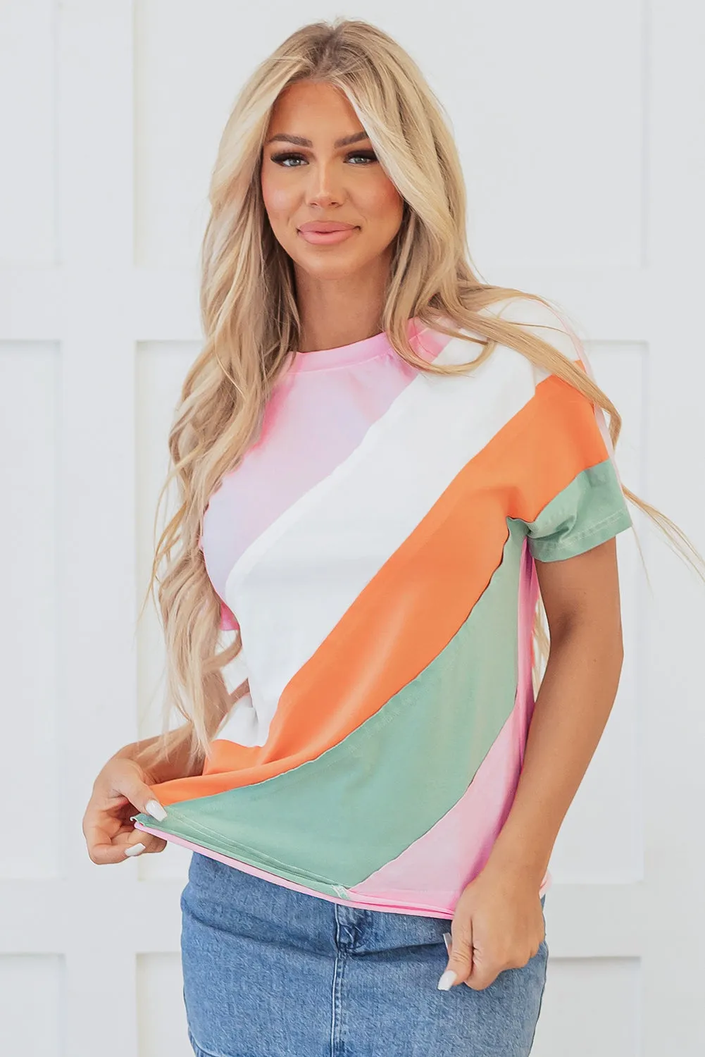 Pink Colour Block Patchwork Seamed Crewneck T Shirt sold by Beagle Boutique product image thumbnail 4