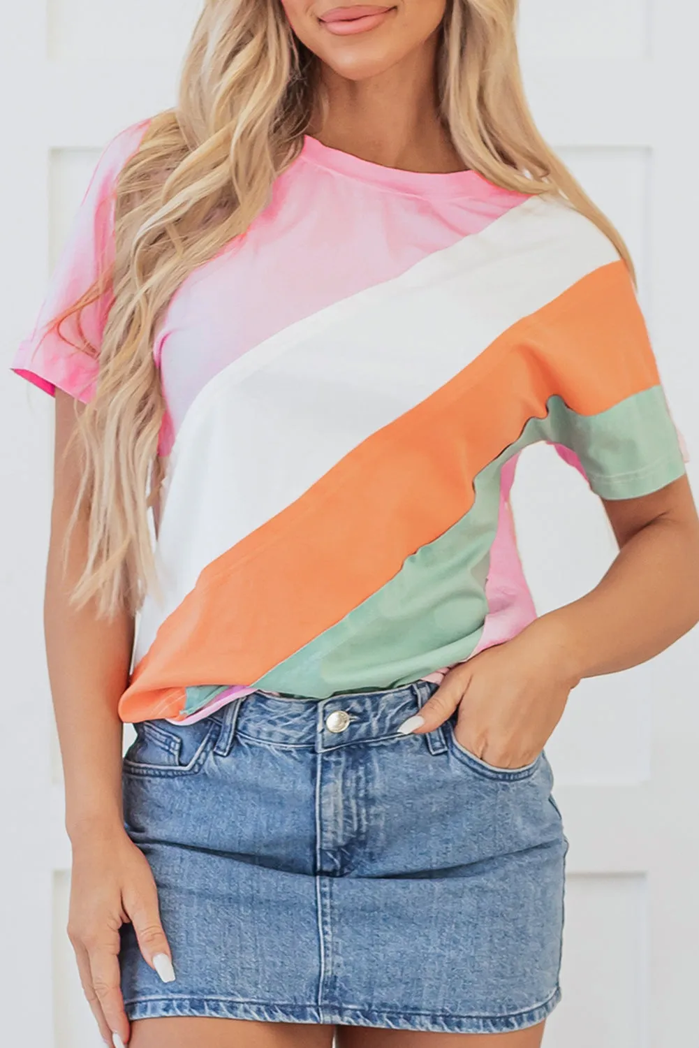 Pink Colour Block Patchwork Seamed Crewneck T Shirt sold by Beagle Boutique product image thumbnail 5