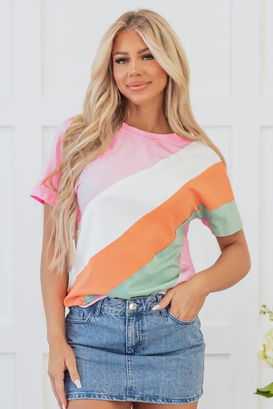 Pink Colour Block Patchwork Seamed Crewneck T Shirt sold by Beagle Boutique