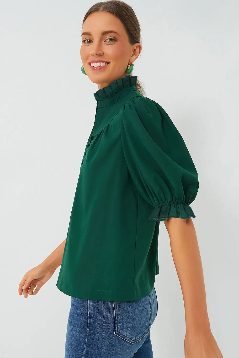 Blackish Green Solid Puff Sleeve Frilled Trim Elegant Blouse sold by Beagle Boutique product image thumbnail 3