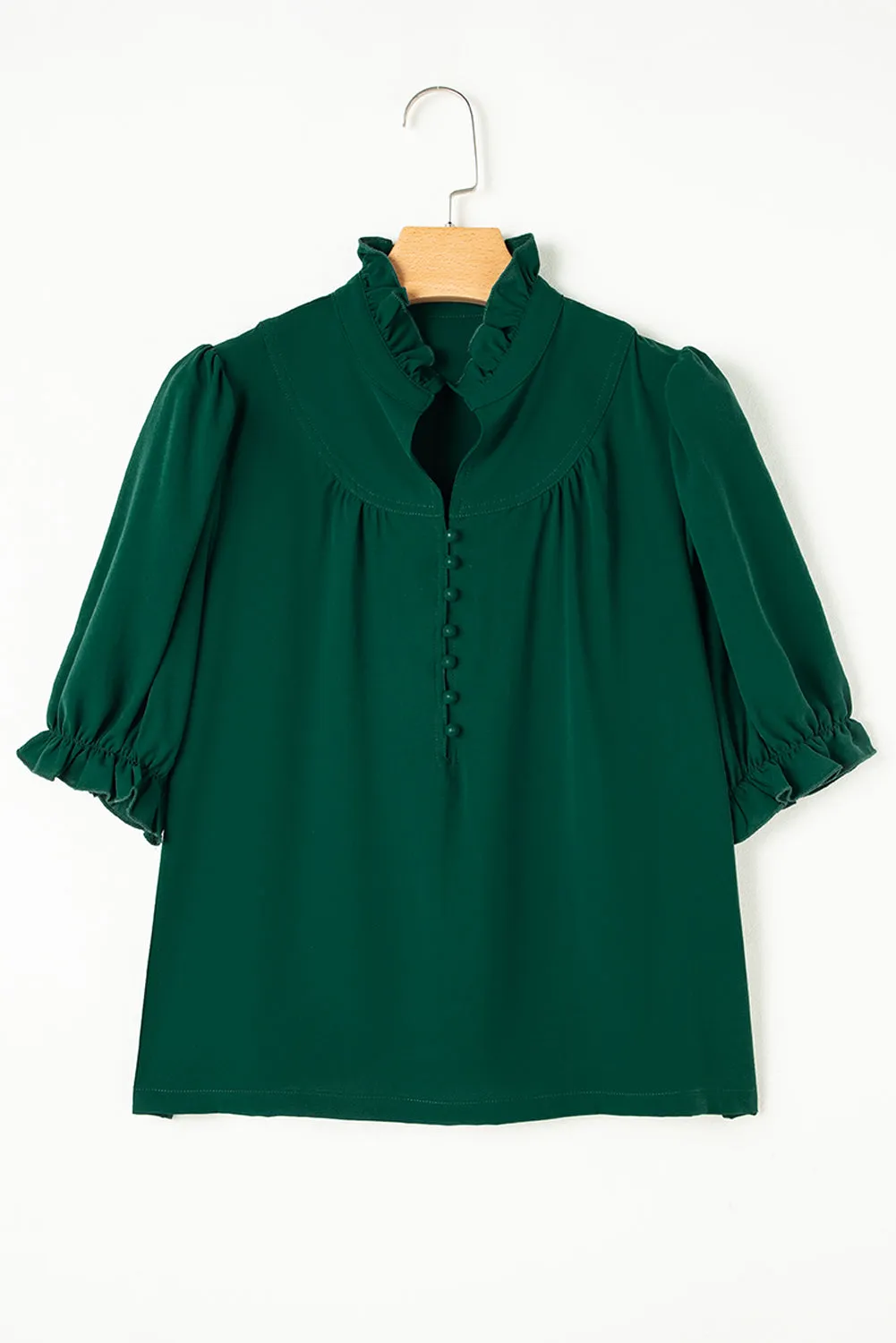 Blackish Green Solid Puff Sleeve Frilled Trim Elegant Blouse sold by Beagle Boutique product image thumbnail 5
