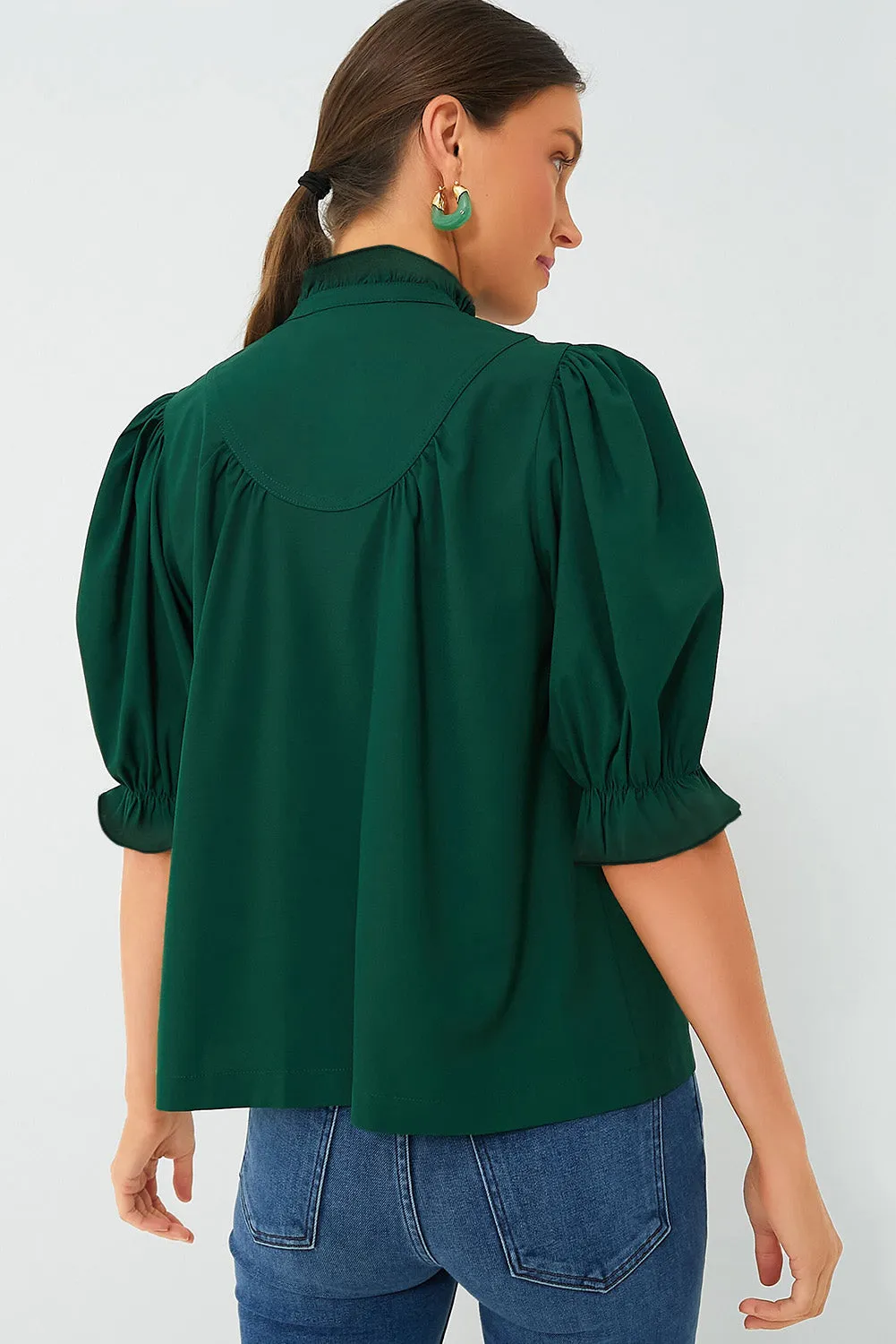 Blackish Green Solid Puff Sleeve Frilled Trim Elegant Blouse sold by Beagle Boutique product image thumbnail 2