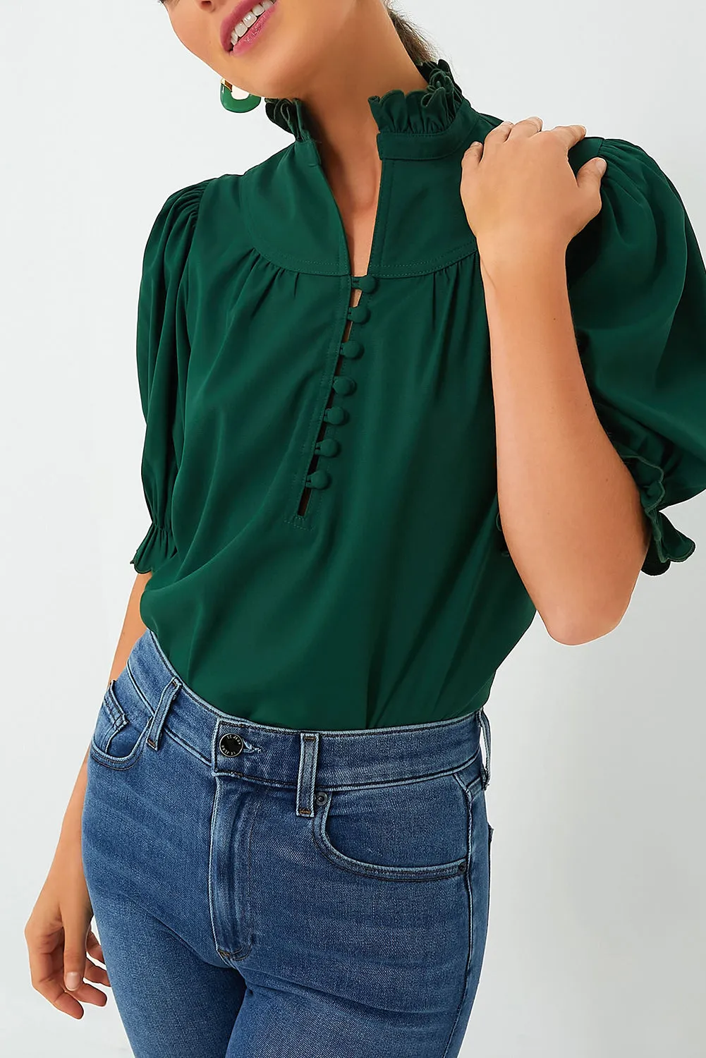Blackish Green Solid Puff Sleeve Frilled Trim Elegant Blouse sold by Beagle Boutique