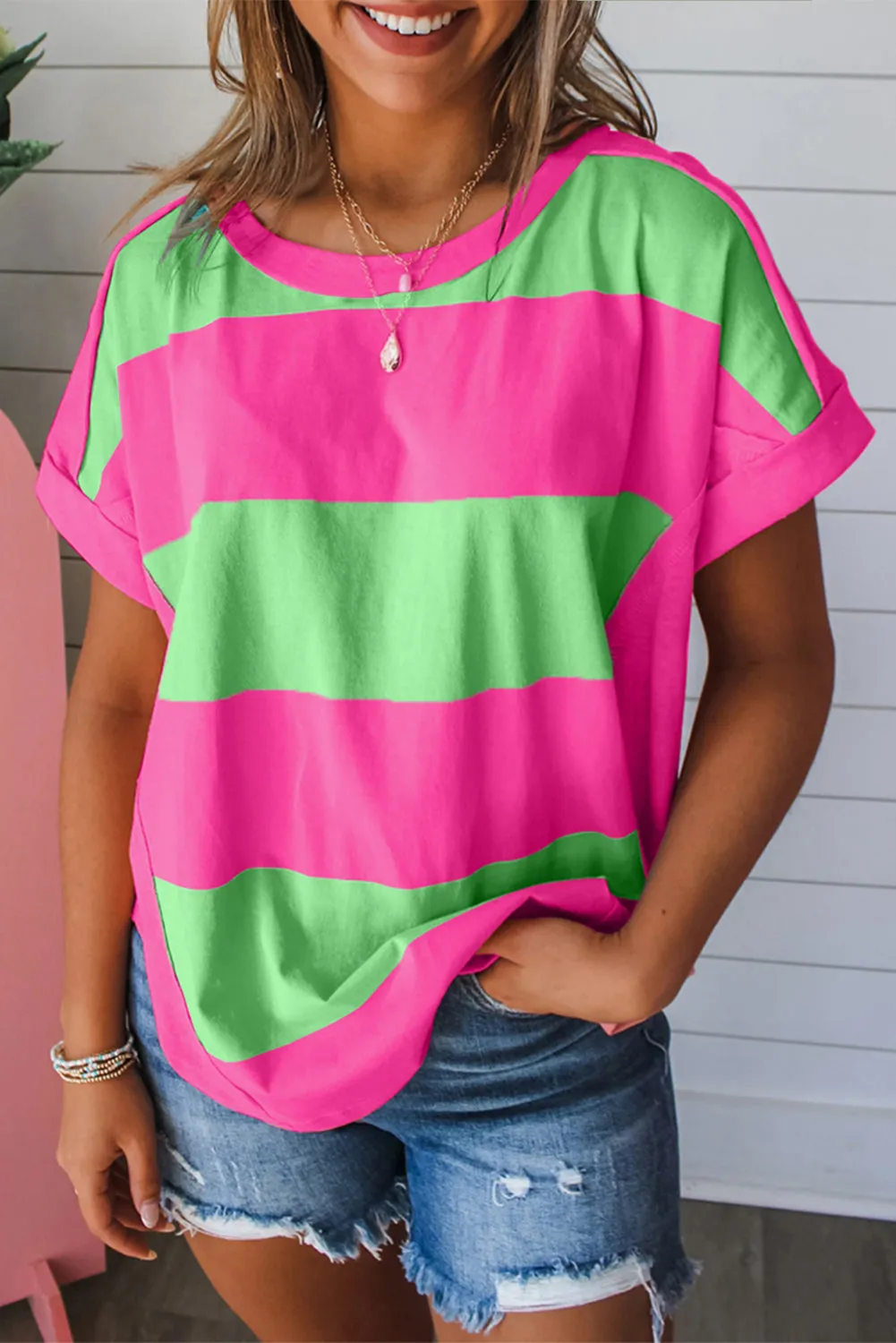 Green Colorblock Rounded Hem Loose T Shirt sold by Beagle Boutique