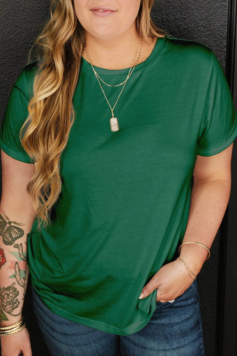 Dark Green Round Neck Rolled Sleeve Plus Size T-shirt sold by Beagle Boutique