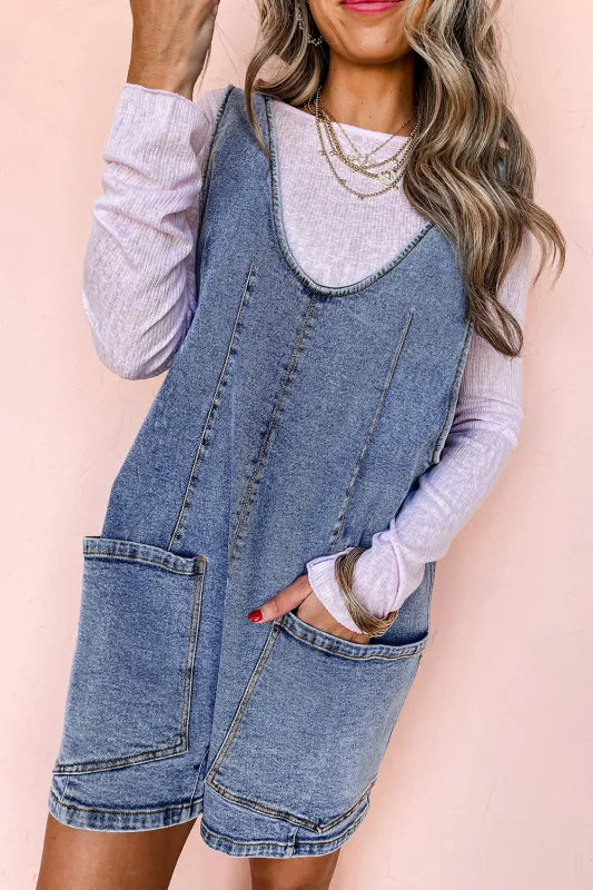 Dusk Blue Sleeveless U Neck Patched Pocket Denim Romper sold by Beagle Boutique