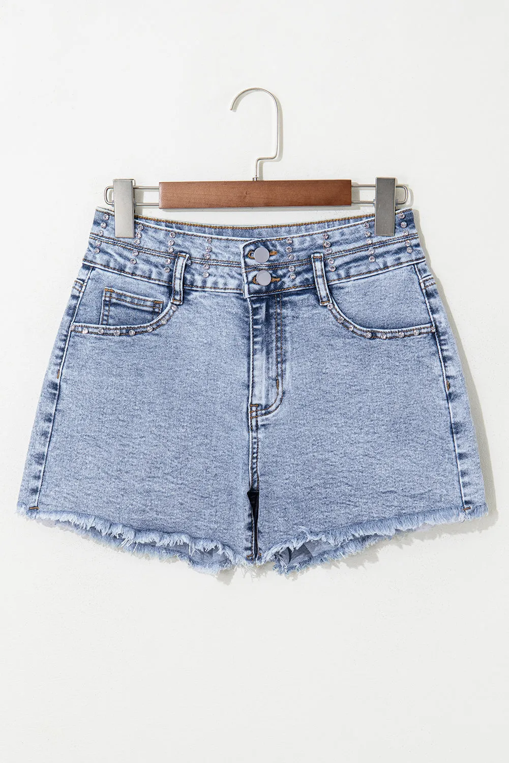 Beau Blue Rhinestone Light Wash Raw Hem High Waist Denim Shorts sold by Beagle Boutique product image thumbnail 3