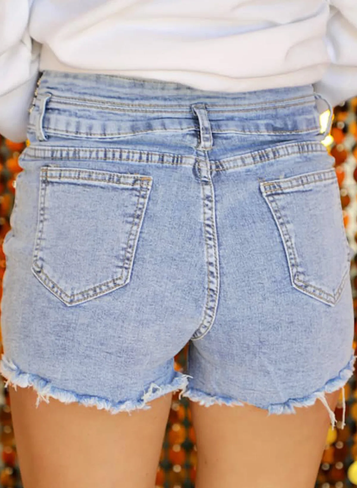 Beau Blue Rhinestone Light Wash Raw Hem High Waist Denim Shorts sold by Beagle Boutique
