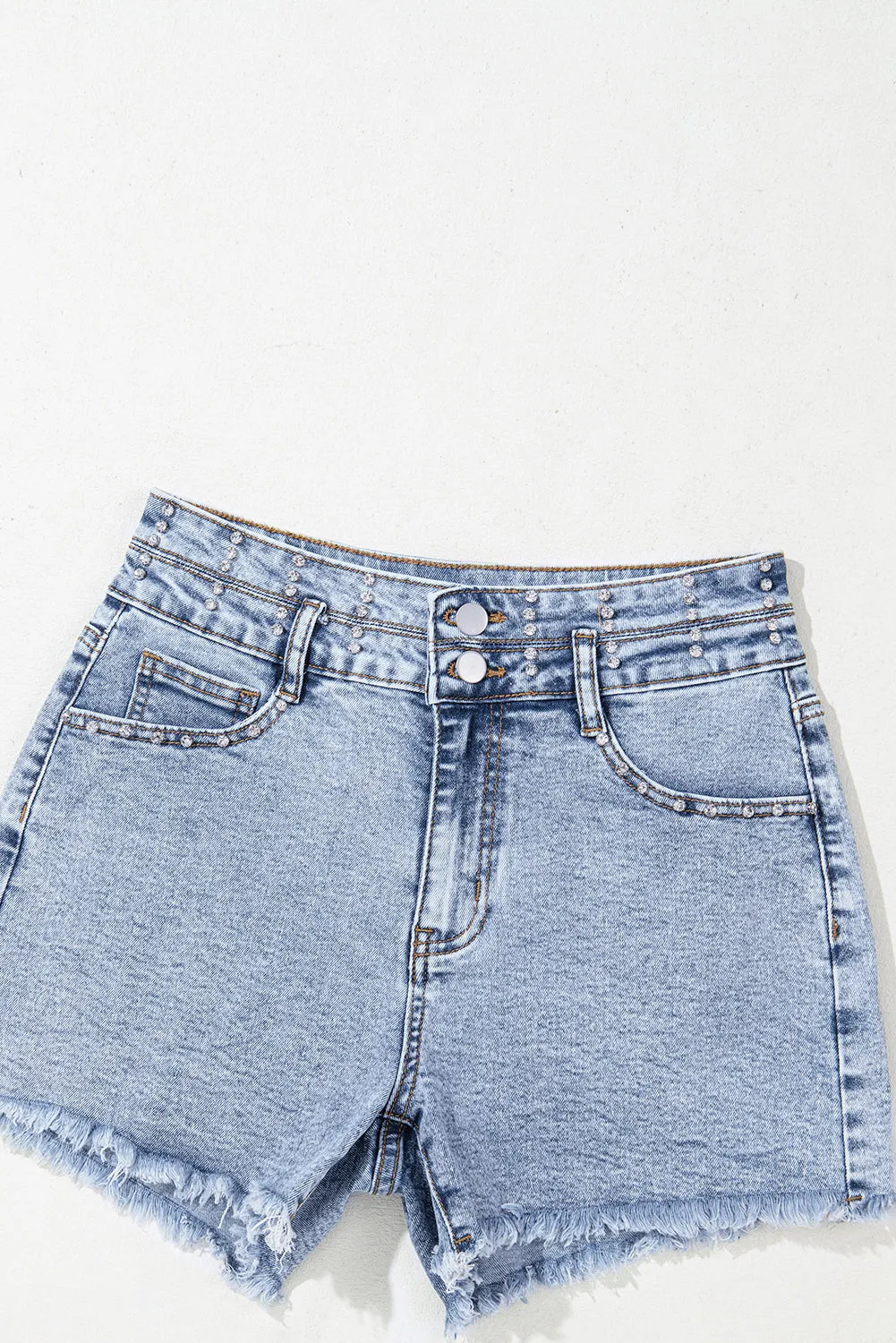 Beau Blue Rhinestone Light Wash Raw Hem High Waist Denim Shorts sold by Beagle Boutique product image thumbnail 5