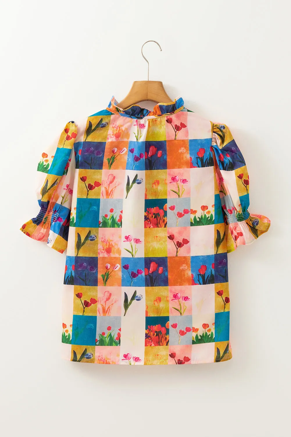 Multicolour Floral Checker Print Ruffled Short Puff Sleeve Blouse sold by Beagle Boutique product image thumbnail 5