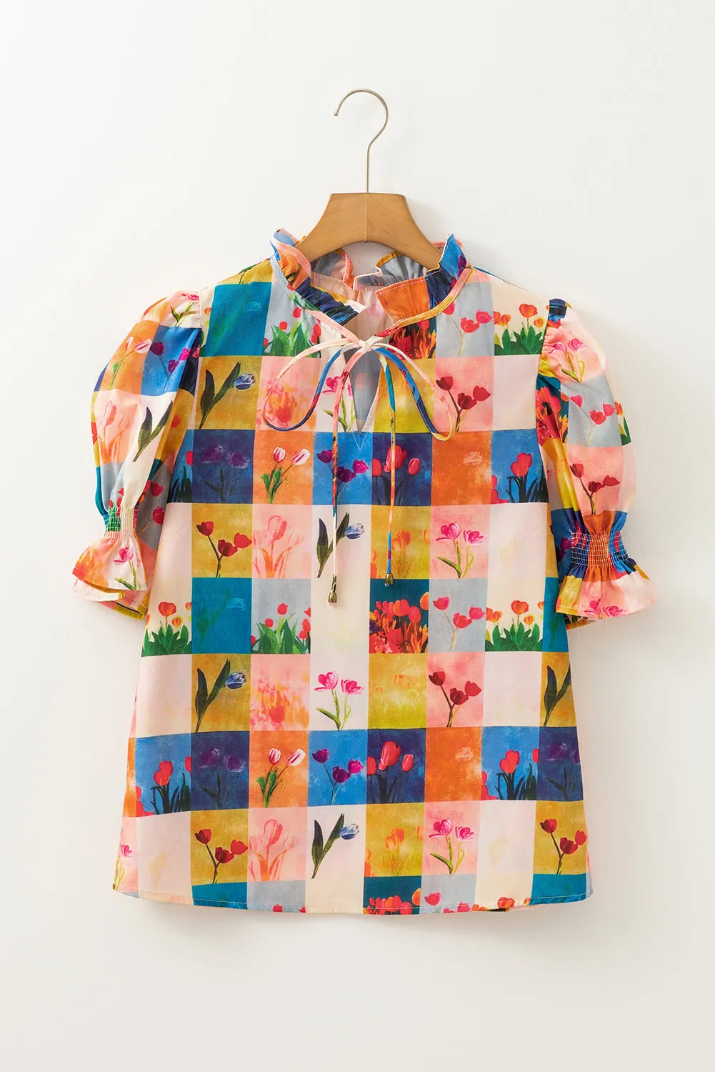 Multicolour Floral Checker Print Ruffled Short Puff Sleeve Blouse sold by Beagle Boutique product image thumbnail 4