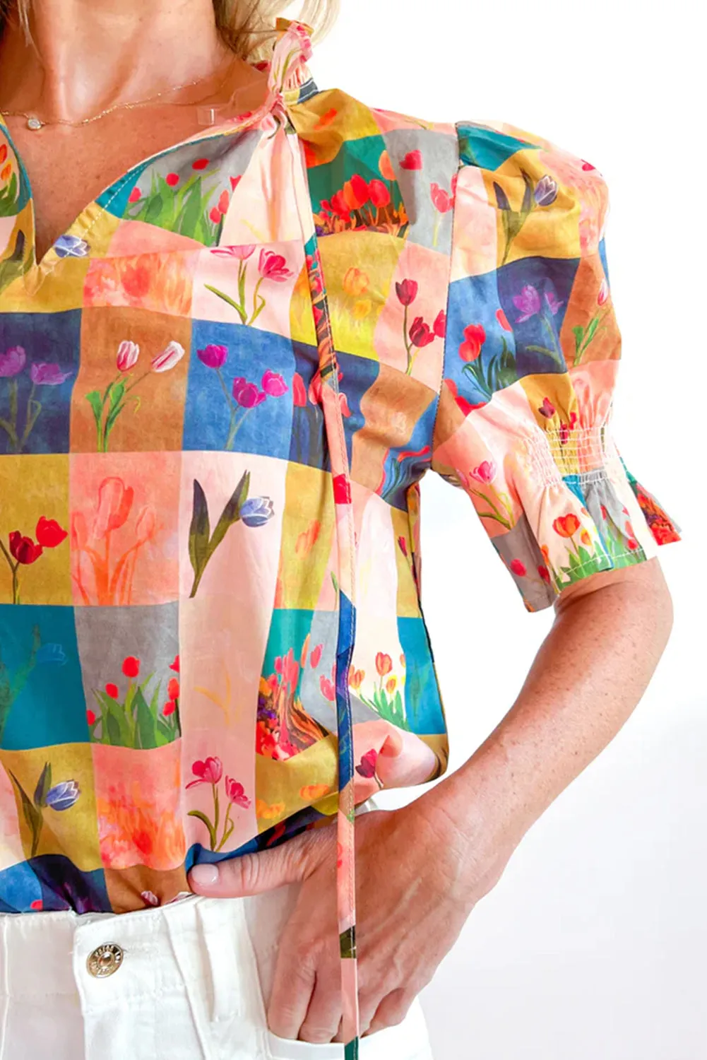 Multicolour Floral Checker Print Ruffled Short Puff Sleeve Blouse sold by Beagle Boutique product image thumbnail 3