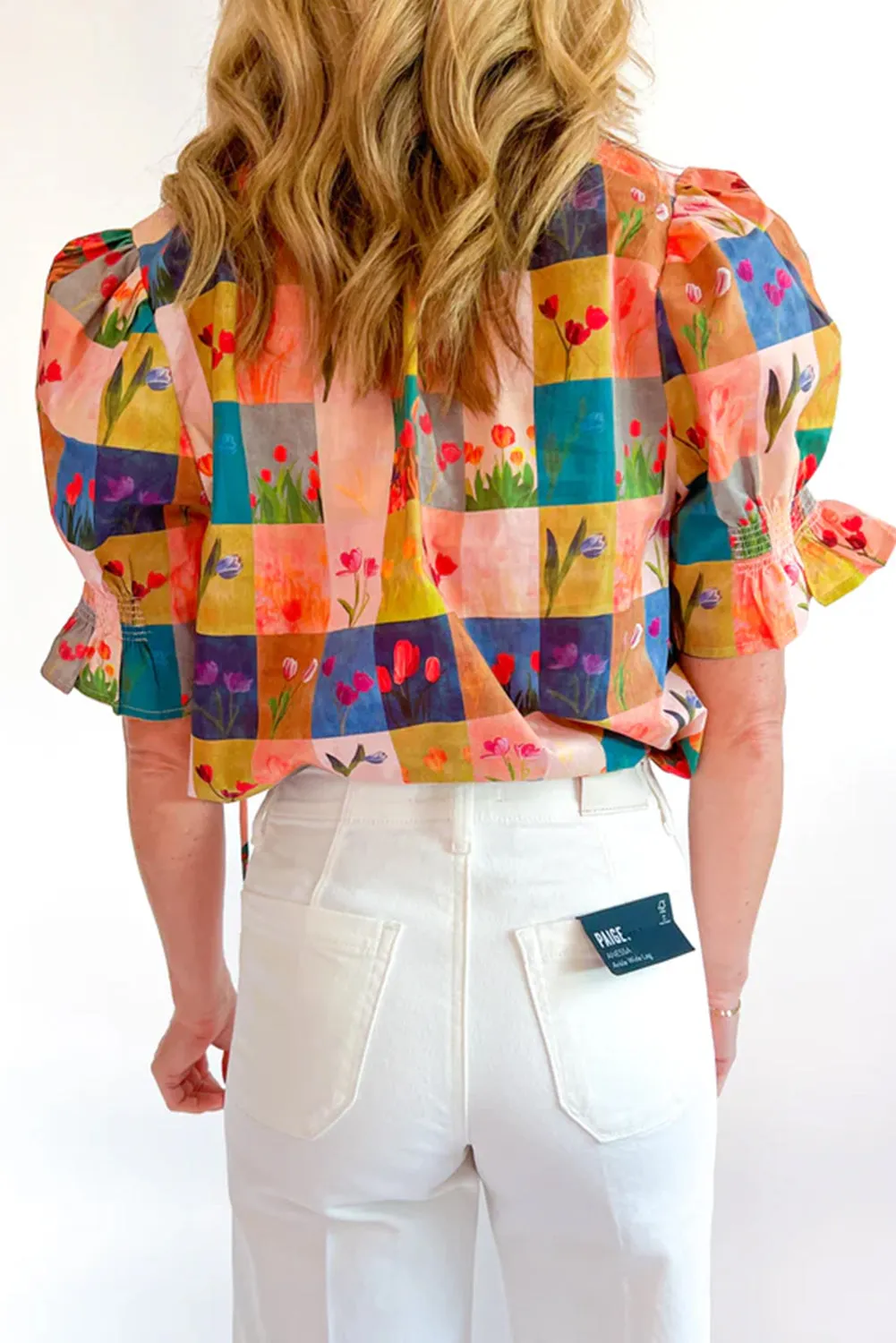 Multicolour Floral Checker Print Ruffled Short Puff Sleeve Blouse sold by Beagle Boutique product image thumbnail 2