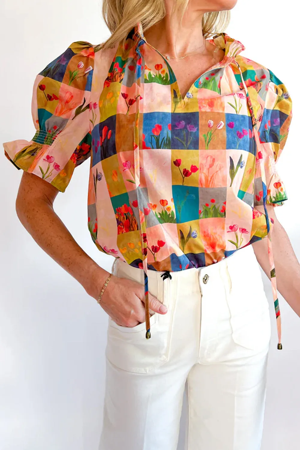 Multicolour Floral Checker Print Ruffled Short Puff Sleeve Blouse sold by Beagle Boutique