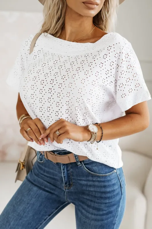 White Eyelet Pattern Boat Neck Casual Tee sold by Beagle Boutique