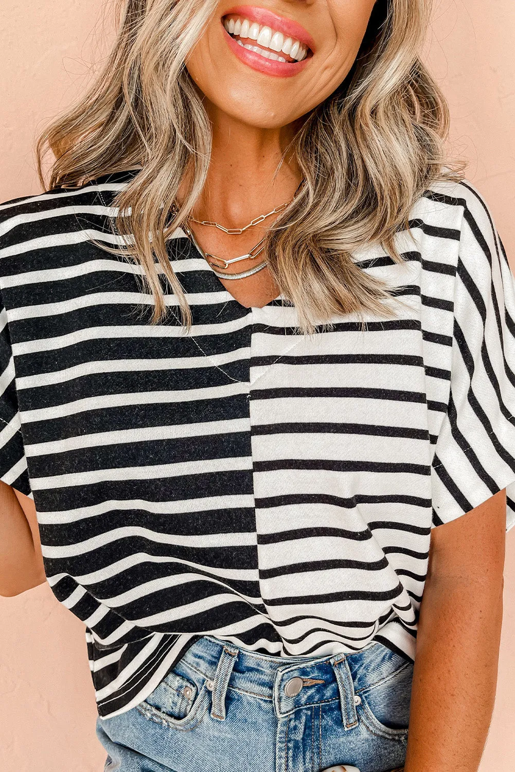 Black Stripe Two Tone Colourblock V Neck T Shirt sold by Beagle Boutique product image thumbnail 5