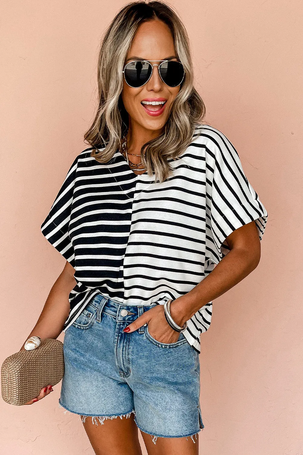 Black Stripe Two Tone Colourblock V Neck T Shirt sold by Beagle Boutique product image thumbnail 4