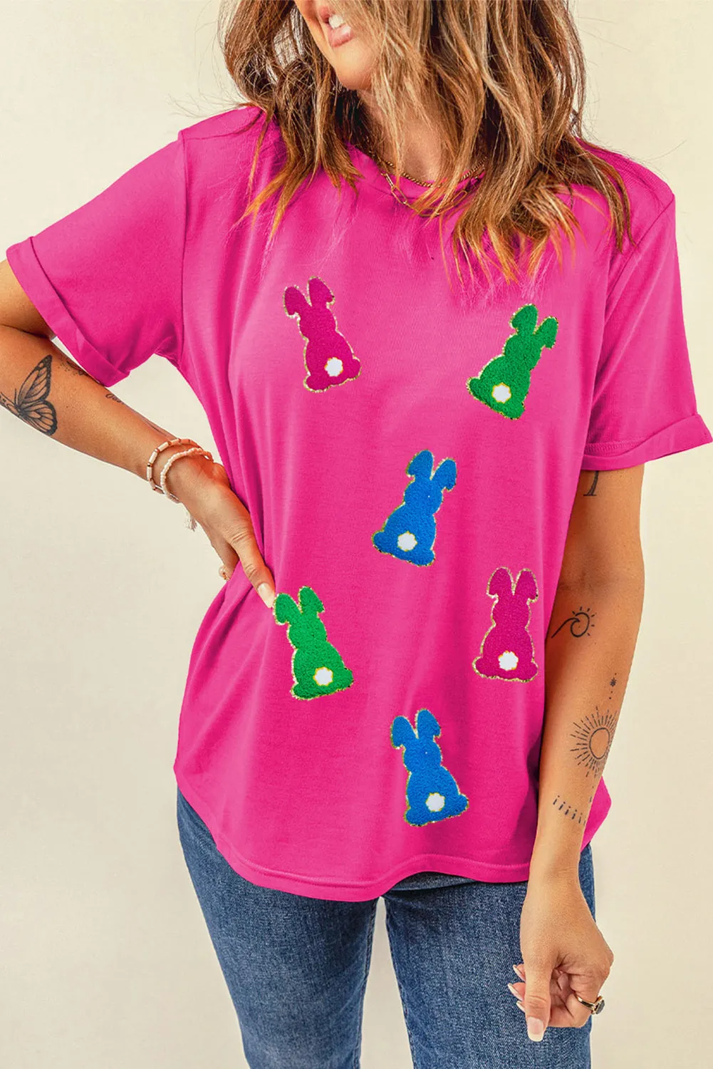 Rose Red Easter Rabbit Chenille Patched Pattern Crew Neck Tee sold by Beagle Boutique product image thumbnail 4