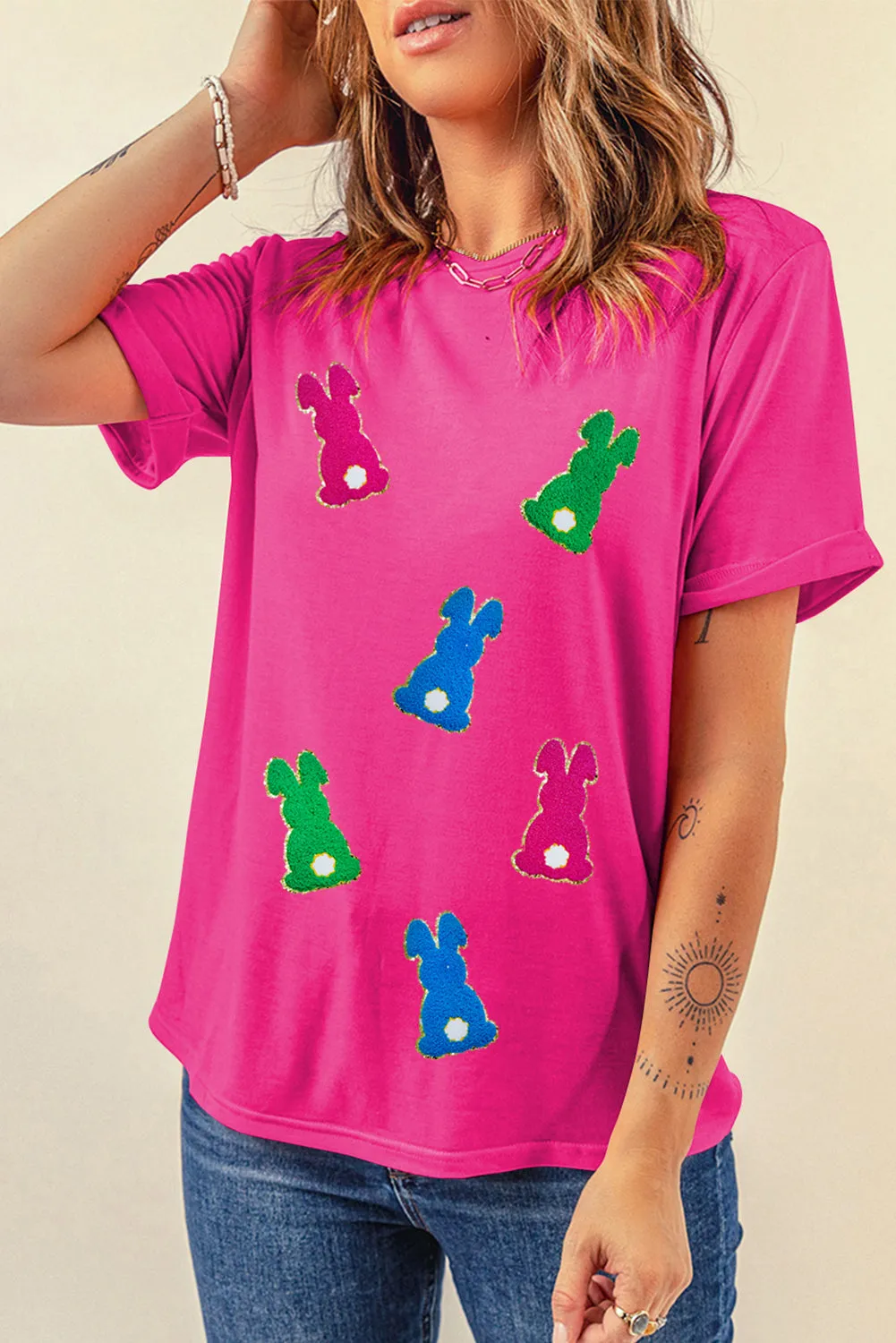 Rose Red Easter Rabbit Chenille Patched Pattern Crew Neck Tee sold by Beagle Boutique product image thumbnail 5